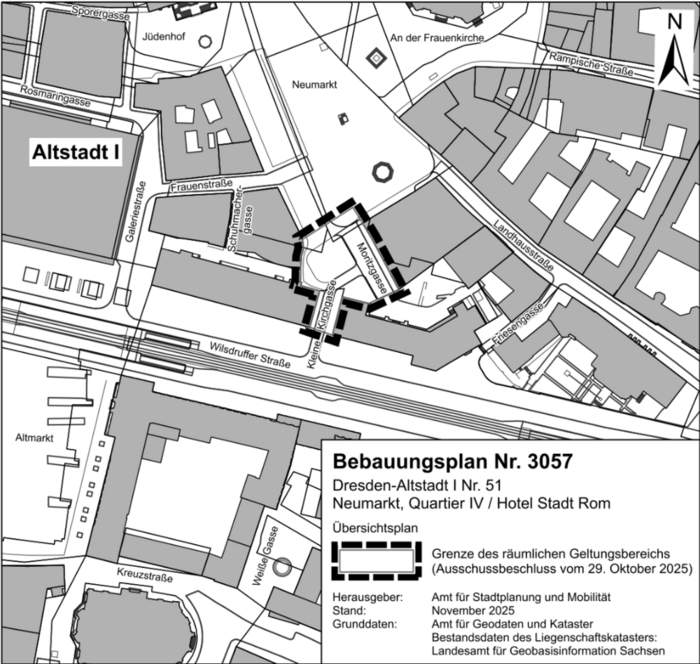 Im Bild ist der Geltungsbereich des Plangebietes dargestellt. Er befindet sich angrenzend an den Neumarkt in der Landeshauptstadt Dresden, im Bereich Kleine Kirchgasse und Moritzgasse.