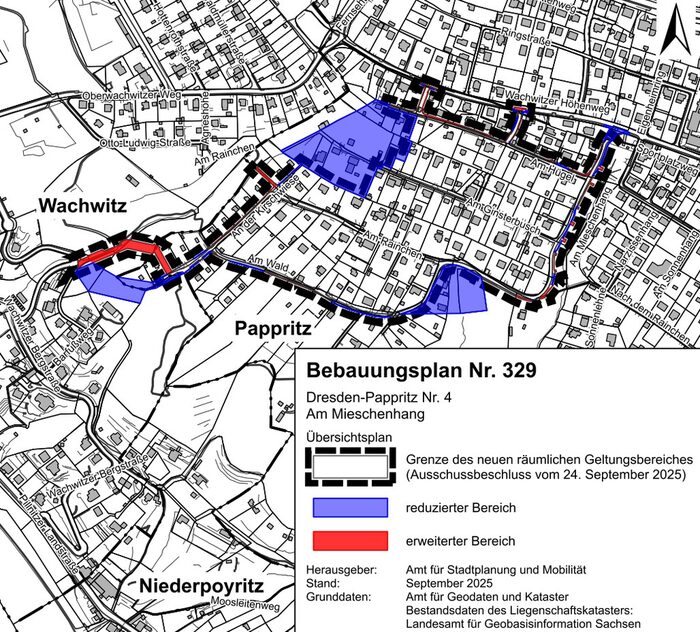 Im Bild ist der Geltungsbereich des Plangebietes dargestellt. Er befindet sich im östlichen Bereich der Landeshauptstadt Dresden, in der Ortschaft Schönfeld-Weißig.
