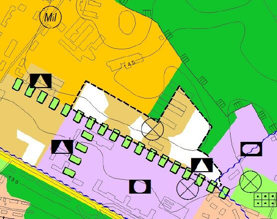 Im Bild ist der derzeitig gültige Flächennutzungsplan zu sehen mit der eingezeichneten Änderungsfläche. Sie befindet sich an der Stauffenbergallee in unmittelbarer Nähe zum Sportplatz Neustadt.