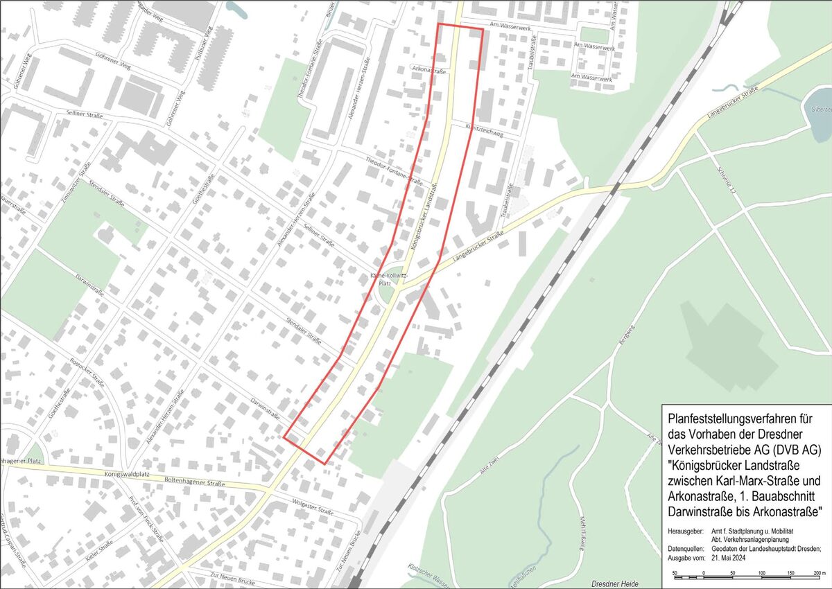 Das Bild zeigt einen Übersichtsplan mit Kennzeichnung des von der Planfeststellung betroffenen Bereiches.
