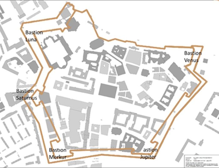 Im Bild ist die Überlagerung Stadtkarte mit der ehemaligen Stadtbefestigung, 2018 zu sehen.