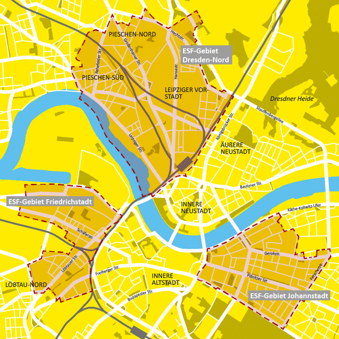 Dargestellt ist eine illustrierte Karte der Landeshauptstadt Dresden, die die 3 ESF-Fördergebiete Dresden-Nord, Friedrichstadt und Johannstadt sowie einzelne Stadtteilprojekte verortet.