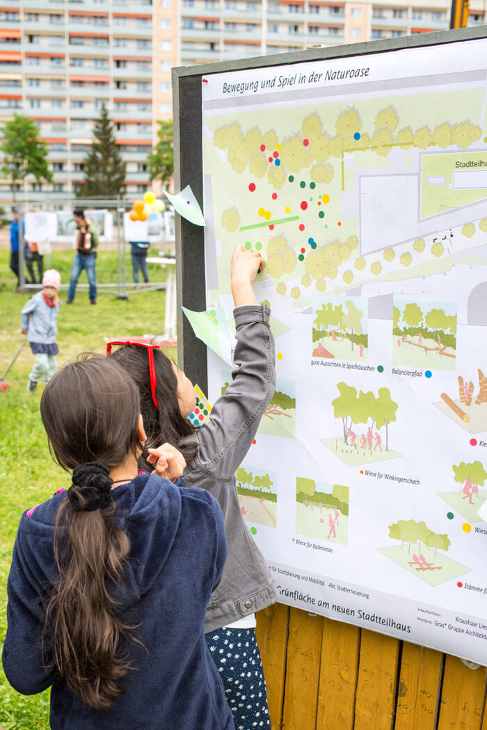 Kinder kleben Punkte auf einen Plan, um über das Aussehen der neuen Grünfläche am Stadtteilhaus Johannstadt mitzuentscheiden.