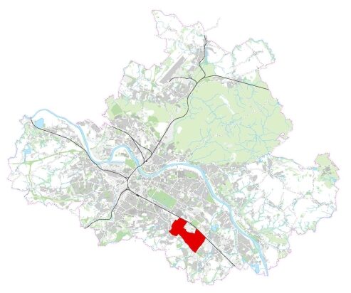 Lage des Gebietes rot gekennzeichnet im Lageplan des Stadtgebietes