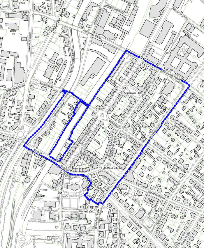 Die Karte zeigt die Grenze des Sanierungsgebietes Dresden-Plauen mit blauem Umfassungsband