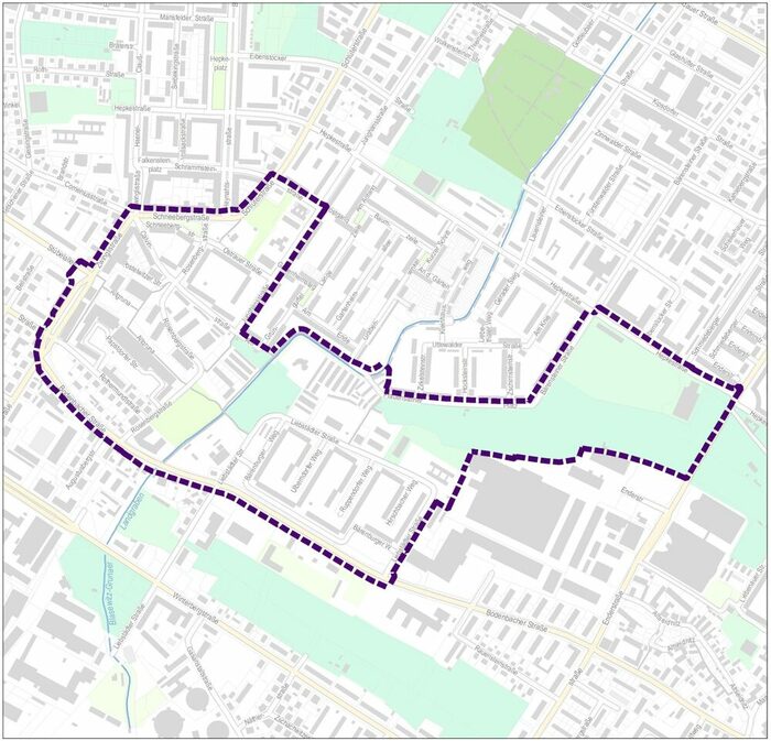 Auf der Karte ist das umrissene Areal im Stadtteil Altgruna zu sehen zu sehen, welches die Landeshauptstadt Dresden als Fördergebiet für das EU-Förderprogramm EFRE beantragen möchte.
