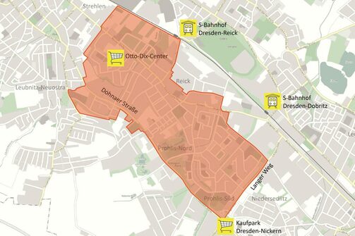 Ausschnitt Stadtplan geplantes Fördergebiet Prohlis/Am Koitschgraben