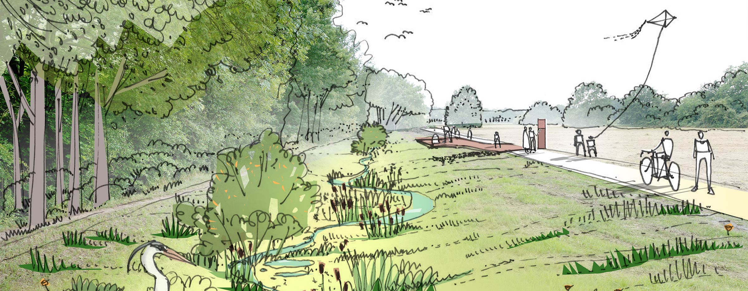 Das Bild zeigt eine Illustration einer renaturierten Fläche mit Parkcharakter im Altelbarm.