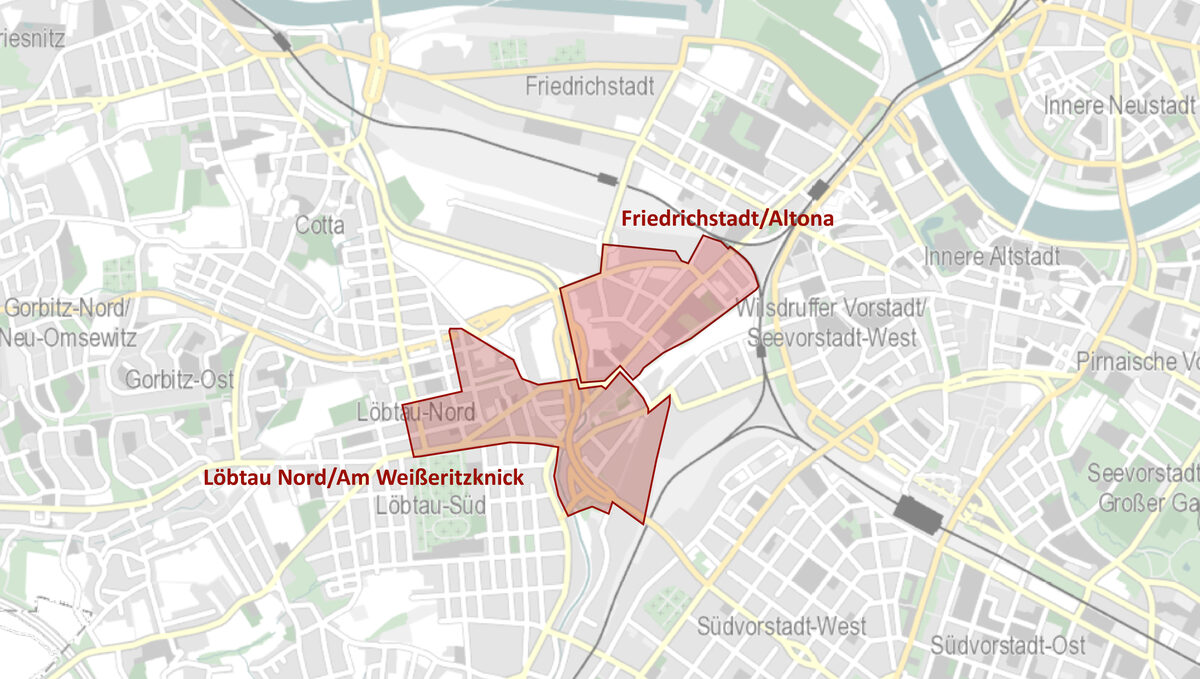 Zu sehen ist eine Karte mit den beiden eingezeichneten Untersuchungsgebieten Friedrichstadt/Altona und Löbtau Nord/Am Weißeritzknick.