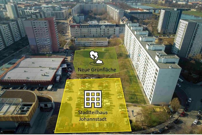 Das Bild zeigt das Areal, auf welchem das neue Stadtteilhaus Johannstadt und die neue Grünfläche entstehen sollen.