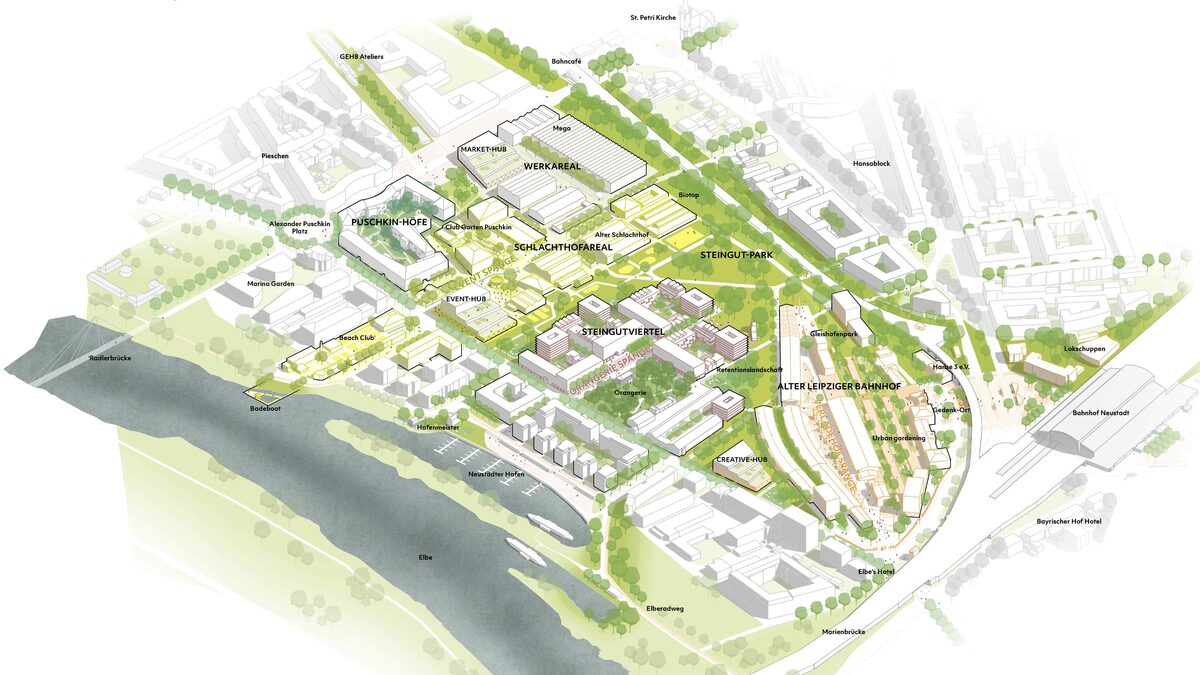 Visualisierung eines prämierten möglichen Entwurfs des neuen Quartiers Alter Leipziger Bahnhof