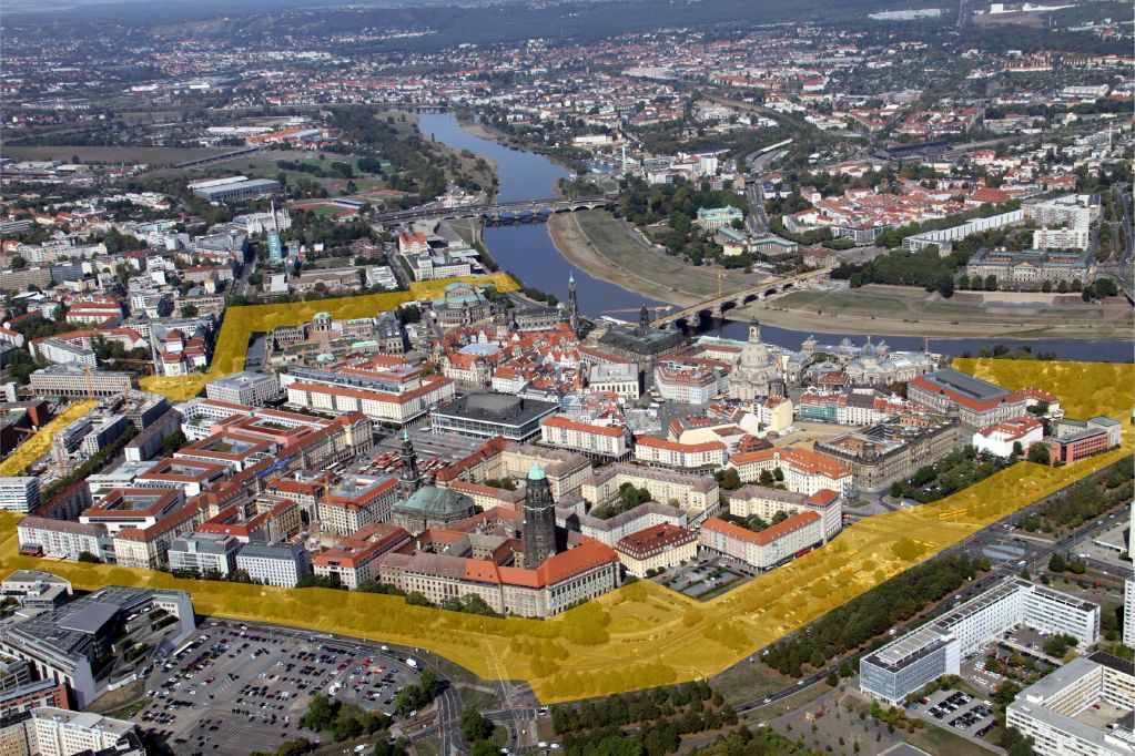 Darstellung des räumlichen Umgriffes des Promenadenringes um die Dresdner Altstadt