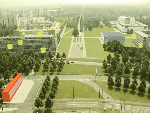Visualisierung des Blicks vom Rathausturm auf die neugestaltete Lingnerstadt mit Parkanlagen und Hygiene-Museum im Hintergrund