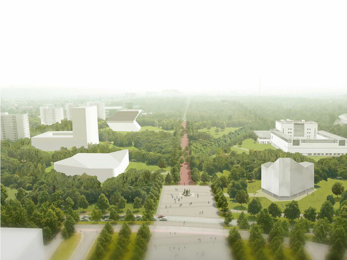 Visualisierung des Blicks vom Rathausturm auf die neugestaltete Lingnerstadt mit Parkanlagen und zentralem Fußweg bis zum Großen Garten