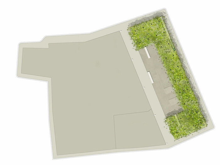 Farbige Plandarstellung einer Freiraumgestaltung für die Gewandhausfläche mit Bäumen in einem U-Form