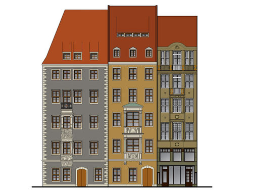 Farbkonzept für die Leitbauten und Leitfassaden in der galeriestraße und am Jüdenhof. Farbige Zeichnung der Fassaden.