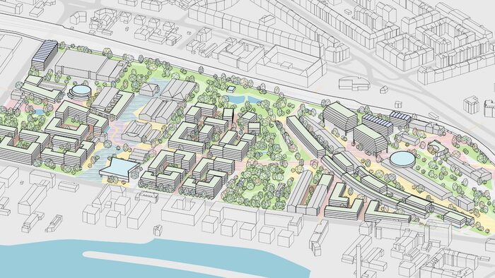 Zu sehen ist die Visualisierung eines möglichen Entwurfs des neuen Quartiers Alter Leipziger Bahnhof der Büros Architektur + Städtebau Mathias Friederich mit IBK Architektur Dominik Marx und landschaftsentwicklung kroitzsch.