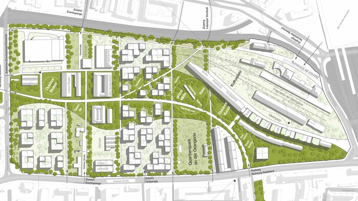 Zu sehen ist die Visualisierung eines möglichen Entwurfs des neuen Quartiers Alter Leipziger Bahnhof der Büros CODE UNIQUE Architekten GmbH mit PRUGGER Landschaftsarchitekten .