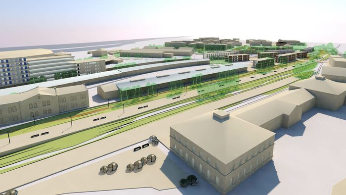 Zu sehen ist die Visualisierung eines möglichen Entwurfs des neuen Quartiers Alter Leipziger Bahnhof des Büros Architektengemeinschaft MM+H GmbH mit Landschaftsarchitektur Dipl.-Ing. Magret Scheerer.