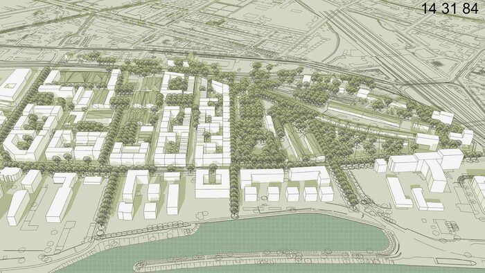 Zu sehen ist die Visualisierung eines möglichen Entwurfs (der Entwurf ging in die engere Wahl ein) des neuen Quartiers Alter Leipziger Bahnhof der Büros Wiencke Architekten PartGmbB mit rsp freiraum gmbh .