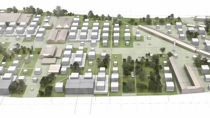 Zu sehen ist die Visualisierung eines möglichen Entwurfs des neuen Quartiers Alter Leipziger Bahnhof der Büros Studio Schwitalla mit schöne aussichten landschaftsarchitektur und Studio Christian Stiller und 1komma2.