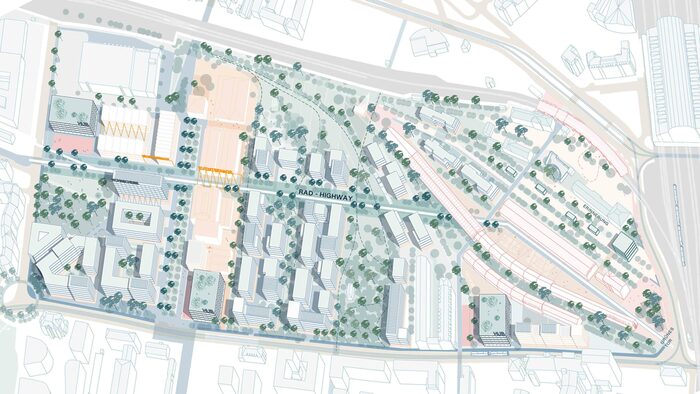 Zu sehen ist die Visualisierung eines möglichen Entwurfs des neuen Quartiers Alter Leipziger Bahnhof der Büros FAM Architekten mit NUWELA Büro für Städtebau und Landschaftsarchitektur.