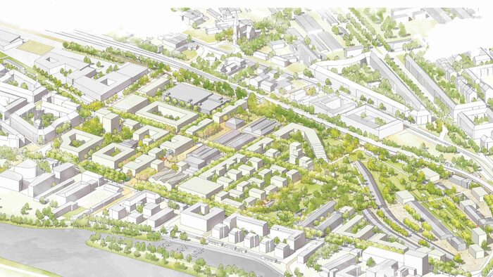 Zu sehen ist die Visualisierung eines möglichen Entwurfs (3. Preis im Wettbewerb) des neuen Quartiers Alter Leipziger Bahnhof der Büros rheinflügel severin mit Rehwaldt Landschaftsarchitekten.