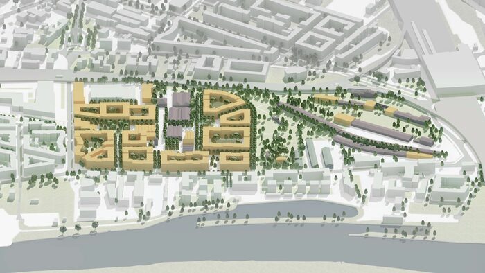 Zu sehen ist die Visualisierung eines möglichen Entwurfs des neuen Quartiers Alter Leipziger Bahnhof der Büros Jordi Keller Pellnitz Architekten GbR mit Bacher Landschaftsarchitekten.