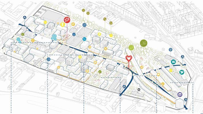 Zu sehen ist die Visualisierung eines möglichen Entwurfs des neuen Quartiers Alter Leipziger Bahnhof der Büros Dietrich Untertrifaller Architekten GmbH mit Storch Landschaftsarchitektur.