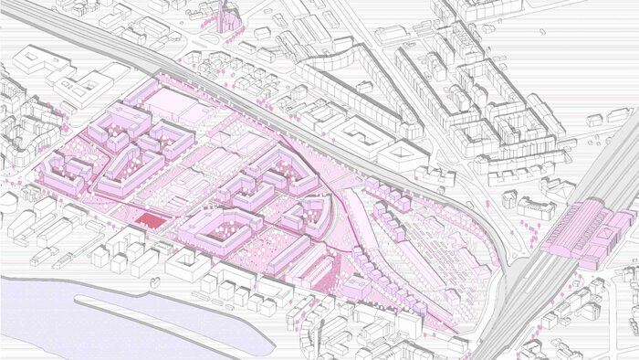 Zu sehen ist die Visualisierung eines möglichen Entwurfs des neuen Quartiers Alter Leipziger Bahnhof der Büros Karl Richter Architekten BDA mit HKK Landschaftsarchitektur GmbH.
