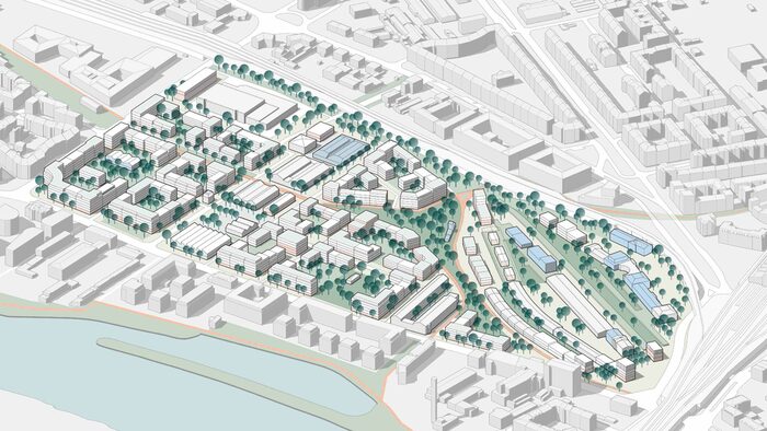 Zu sehen ist die Visualisierung eines möglichen Entwurfs des neuen Quartiers Alter Leipziger Bahnhof der Büros Jordan Balzer Schubert Architekten PartG mbH mit L10 Architekten GmbH und LOR Landschaftsarchitekten Otto+Richter.