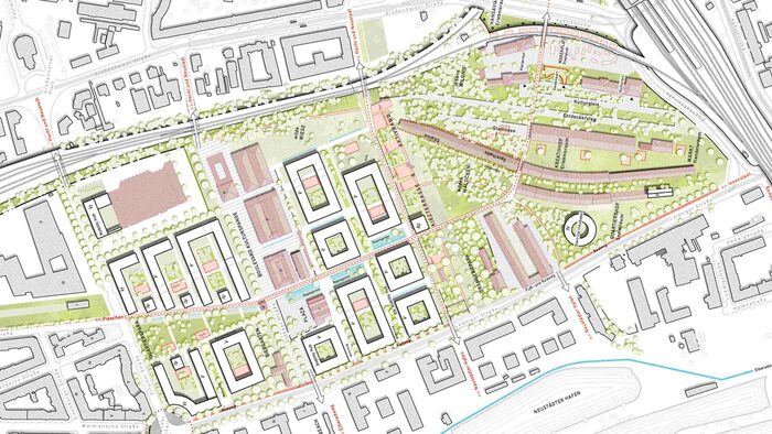 Zu sehen ist die Visualisierung eines möglichen Entwurfs des neuen Quartiers Alter Leipziger Bahnhof der Büros Spengler Wiescholek Architektur/Stadtplanung PartGmbB mit el:ch landschaftsarchitekten.