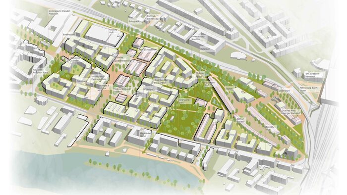 Zu sehen ist die Visualisierung eines möglichen Entwurfs (4. Preis im Wettbewerb) des neuen Quartiers Alter Leipziger Bahnhof der Büros Machleidt GmbH Städtebau + Stadtplanung mit UKL – Ulrich Krüger Landschaftsarchitekten.