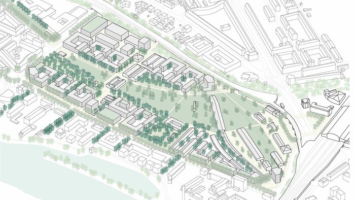 Zu sehen ist die Visualisierung eines möglichen Entwurfs (der Entwurf ging in die engere Wahl ein) des neuen Quartiers Alter Leipziger Bahnhof der Büros Ernst Niklaus Fausch Partner AG mit Uniola AG .