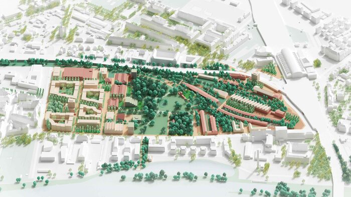 Zu sehen ist die Visualisierung eines möglichen Entwurfs (Sieger im Gesamtwettbewerb) des neuen Quartiers Alter Leipziger Bahnhof der Büros KOPPERROTH Architektur & Stadtumbau PartGmbB mit Fabulism GbR und Station C23.