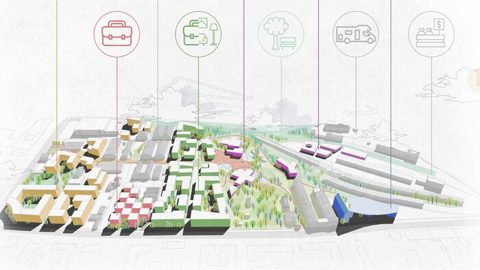 Zu sehen ist die Visualisierung eines möglichen Entwurfs des neuen Quartiers Alter Leipziger Bahnhof des Büros KNERER UND LANG Architekten GmbH.