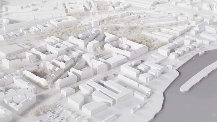 Zu sehen ist die Visualisierung eines möglichen Entwurfs des neuen Quartiers Alter Leipziger Bahnhof der Büros dichter Architekturgesellschaft mbH mit POLA Landschaftsarchitekten GmbH.