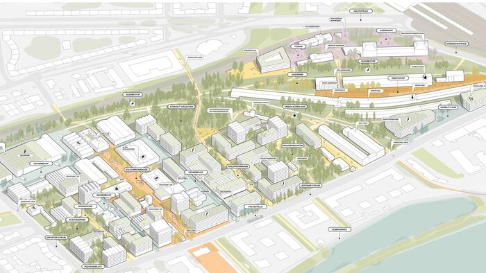 Zu sehen ist die Visualisierung eines möglichen Entwurfs des neuen Quartiers Alter Leipziger Bahnhof der Büros Holzer Kobler Architekturen Berlin GmbH mit Atelier Loidl Landschaftsarchitekten Berlin GmbH.