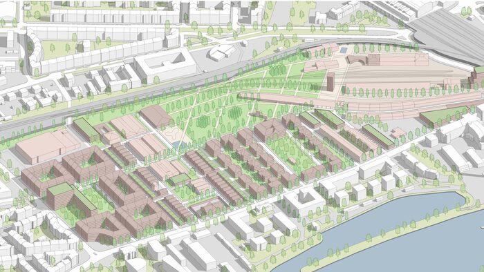 Zu sehen ist die Visualisierung eines möglichen Entwurfs des neuen Quartiers Alter Leipziger Bahnhof der Büros Bernd Albers Gesellschaft von Architekten mbH mit LAND Germany GmbH .