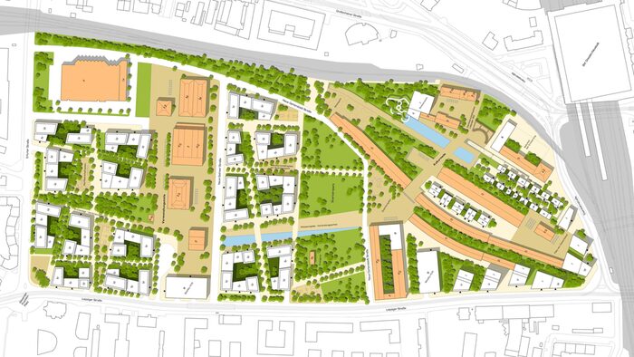 Zu sehen ist die Visualisierung eines möglichen Entwurfs des neuen Quartiers Alter Leipziger Bahnhof der Büros MARTIN SZUMILAS ARCHITEKTUR mit Astrid Zimmermann Landschaftsarchitektin.