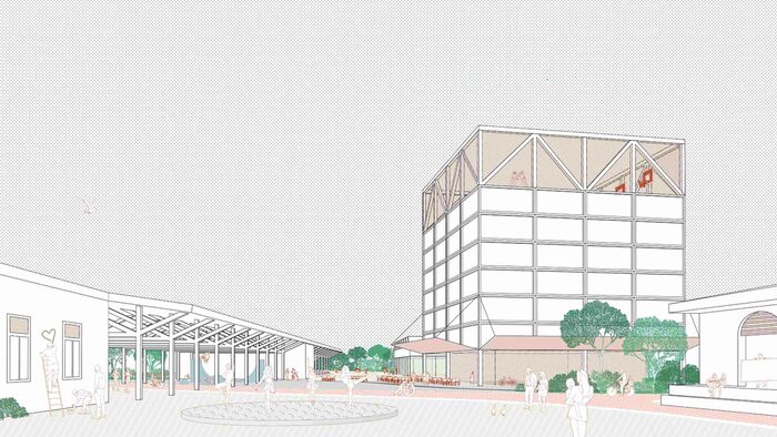 Zu sehen ist die Visualisierung eines möglichen Entwurfs des neuen Quartiers Alter Leipziger Bahnhof der Büros kama architekten balsen | filipovic PartG mbB mit GTL Michael Triebswetter Landschaftsarchitekt.
