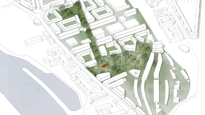 Zu sehen ist die Visualisierung eines möglichen Entwurfs des neuen Quartiers Alter Leipziger Bahnhof der Büros Silvia Huth mit Landschaftsarchitektur Bauforum Berlin.