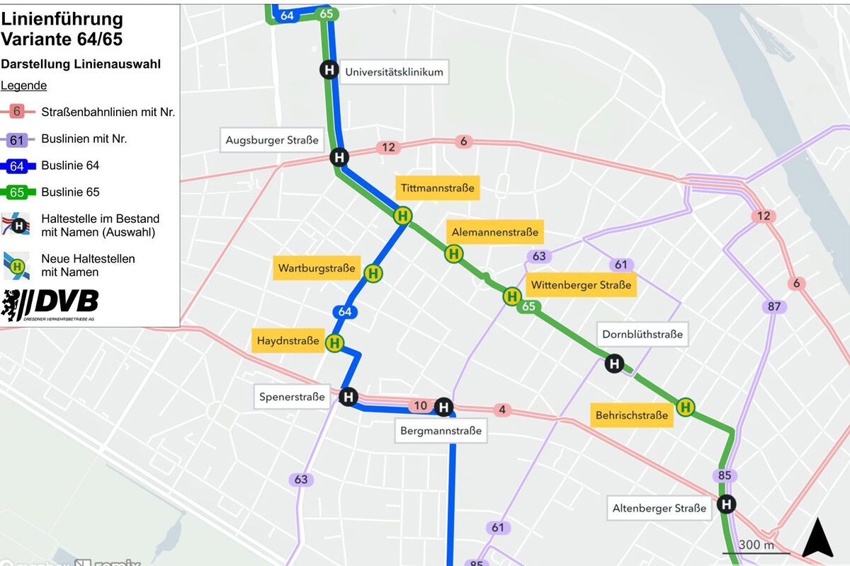 Zu sehen ist die schematische Darstellung anhand einer Karte vom Gebiet Striesen mit den geplanten Linienführungen der Busse 64 und 65.