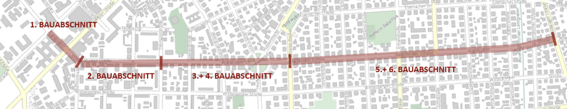 Zu sehen ist eine Karte der Augsburger Straße vom Universitätsklinikum bis zur Altenberger Straße mitsamt der eingezeichneten Bauabschnitte (BA) 1 bis 6.