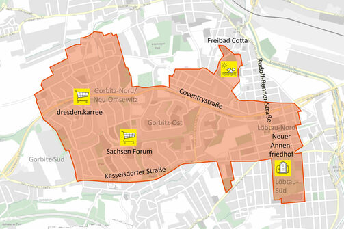 Ausschnitt Stadtplan geplantes Fördergebiet Gorbitz und Umgebung