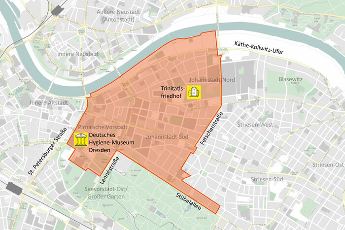 Ausschnitt Stadtplan Untersuchungsgebiet Johannstadt/Pirnaische Vorstadt