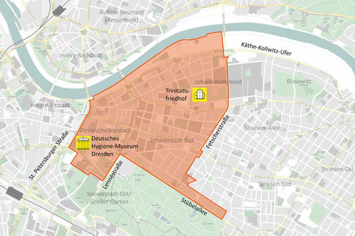 Ausschnitt Stadtplan geplantes Fördergebiet Johannstadt/Pirnaische Vorstadt