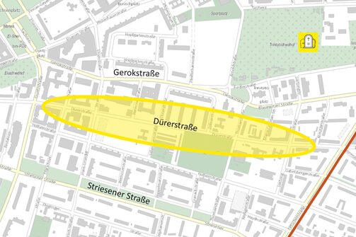 Auf der Karte ist das Umfeld der Dürerstraße gelb markiert. Nördlich davon ordnen sich die Gerokstraße und südlich die Striesener Straße ein. Die rot unterbrochene Linie stellt das gesamte Gebiet Johannstadt/Pirnaische Vorstadt dar, welches die Landeshauptstadt Dresden als Fördergebiet für das EU-Förderprogramm EFRE beantragen möchte.