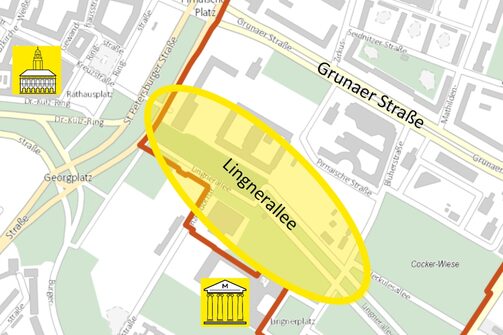 Auf der Karte ist das Umfeld Lingnerallee gelb markiert. Südlich ist das unmittelbar ans Areal grenzende Hygienemuseum eingezeichnet. Im Westen befindet sich das Rathaus. Die rot unterbrochene Linie stellt das gesamte Gebiet Johannstadt/Pirnaische Vorstadt dar, welches die Landeshauptstadt Dresden als Fördergebiet für das EU-Förderprogramm EFRE beantragen möchte.