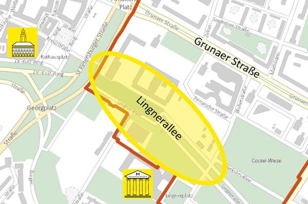 Auf der Karte ist das Umfeld Lingnerallee gelb markiert. Südlich ist das unmittelbar ans Areal grenzende Hygienemuseum eingezeichnet. Im Westen befindet sich das Rathaus. Die rot unterbrochene Linie stellt das gesamte Gebiet Johannstadt/Pirnaische Vorstadt dar, welches die Landeshauptstadt Dresden als Fördergebiet für das EU-Förderprogramm EFRE beantragen möchte.